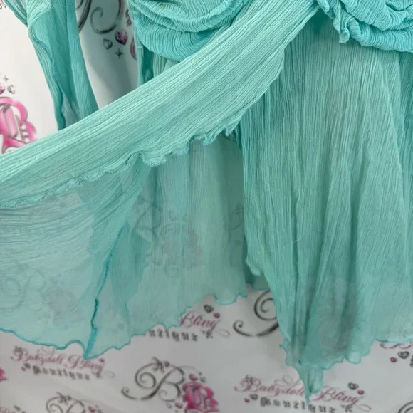 Guess top y2k fairy whimsy whimsical shirt blouse Sheer Teal Long Sleeve Top - Picture 9 of 15